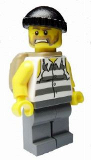 LEGO cty0448 Police - Jail Prisoner Shirt with Prison Stripes and Torn out Sleeves, Dark Bluish Gray Legs, Black Knit Cap, Backpack